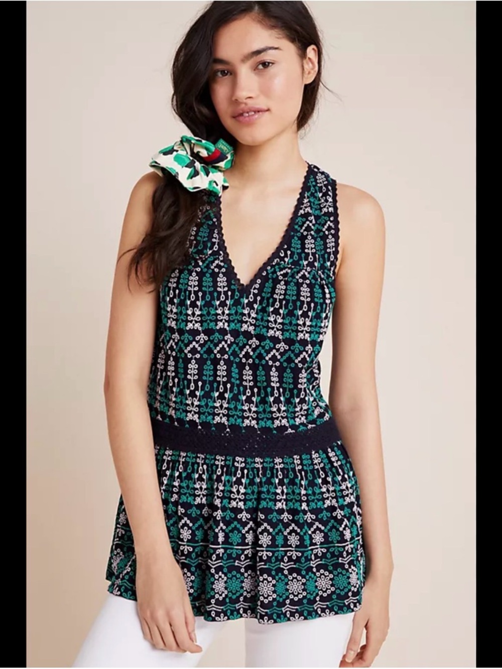 Anthropologie Navy Top with Green and White Floral Embroidery